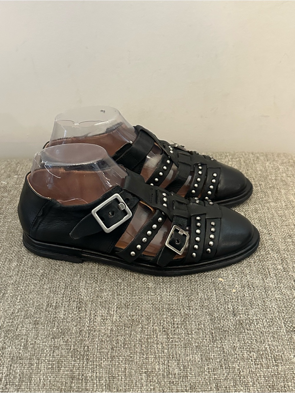 A.S.98 Airstep Women’s 37 Black Leather Studded Fisherman Sandals Buckle Boho